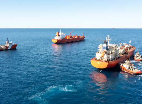 The Green Pioneer And The Navigator Global With Ex AMSA Anchor Handling Tug Supply Vessel, Coral Knight, And Rio Tinto Tugboats At The Outer Anchorage Of Port Dampier